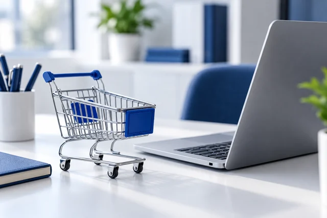 Shopping cart beside a laptop
